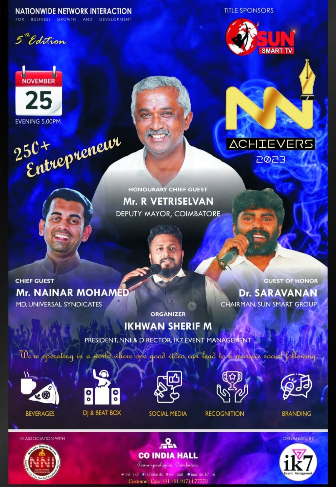 NNI Achievers 2023 fifth edition poster listing chief guests and 250+ entrepreneurs